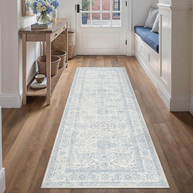 HUGEAR 2x6 Runner Rug Hallway Retro Light Blue Machine Washable Vintage Floral Low Pile Carpet Vacuumable Distressed Long Throw Rug Kitchen Bedroom Laundry Office Bathroom Non Slip Soft Lightweight