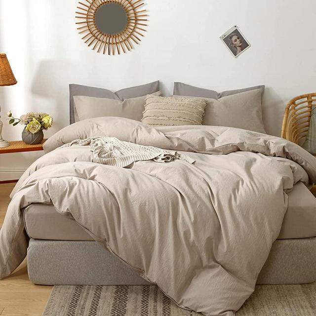 MooMee Bedding Duvet Cover Set 100% Washed Cotton Linen Like Textured Breathable Durable Soft Comfy (Taupe, King Size)