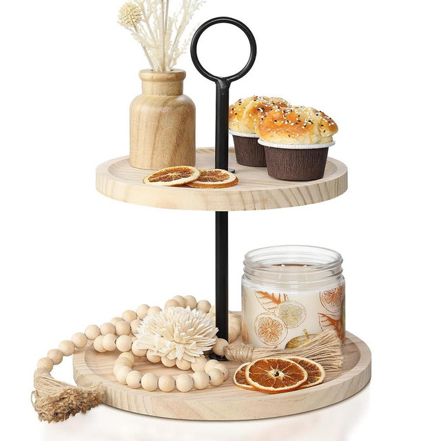 Decorative Wooden Tiered Tray Stand - Beautiful Two Tiered Coffee Table Serving Tray Enhances Your Seasonal Modern Farmhouse Decor - The Perfect Centerpiece for Your ChristmasTable Decorations