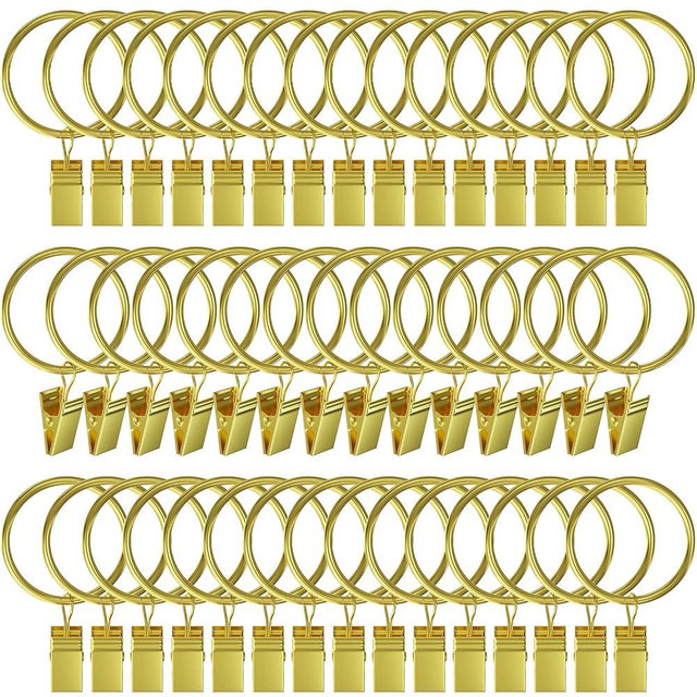 44 Pack Gold Curtain Rings with Clips, Curtain Clips for Drapes, Drapery Rings for Pleated Drapes Heavy Duty, Shower Tension Rod Rings Hooks Hangers, 1.26 inch Fits 1.1 in Diameter Rod, Gold