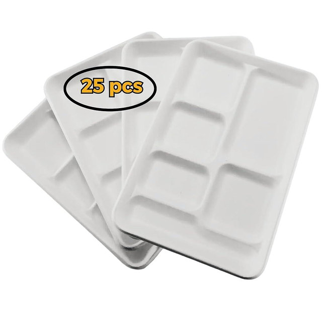 R and R Industries HARSHU 6 Compartment Sugarcane Eco-Friendly Disposable Plates, Biodegradable and Compostable Tableware for Parties, Events, and Catering (PLATES 25 PCS)