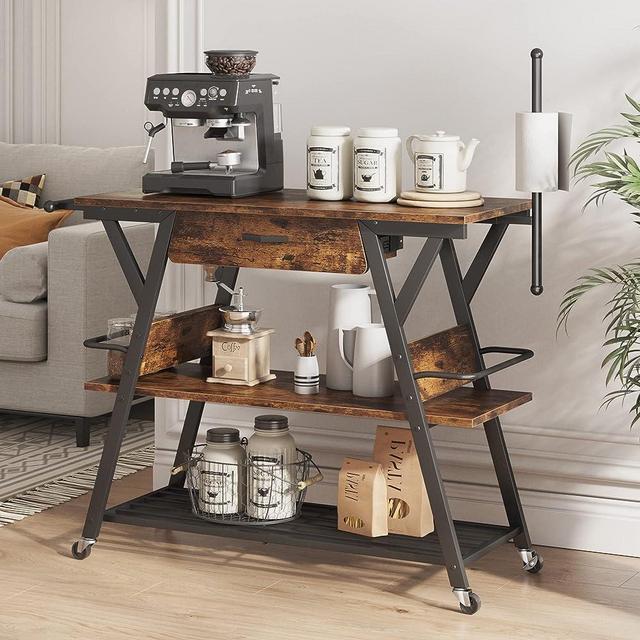 Bestier Coffee Bar Station, Kitchen Island Cart with Storage, Coffee Cart with Drawer, Paper Towel Holder and Lockable Wheels, Bar Table for Dinning Room Living Room, Rustic