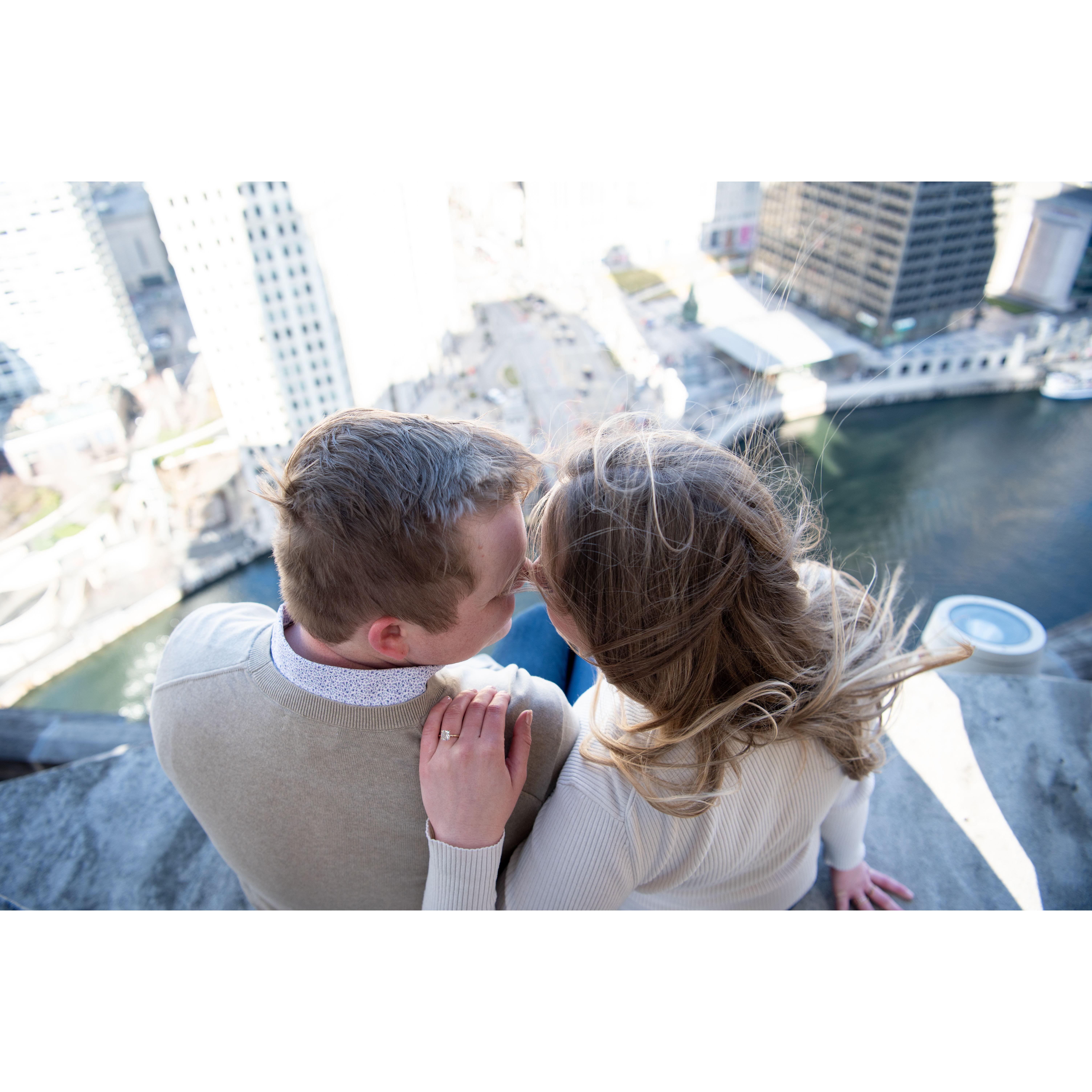 We got engaged! Daniel planned a very romantic scene to propose on top of the London House in Chicago, IL.