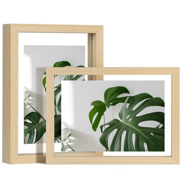 Egofine 5x7 Floating Frames Set of 2, Double Glass Picture Frame, Made of Solid Wood Display Any Size Photo up to 5x7, Wall Mount or Tabletop Standing, Natural Wood