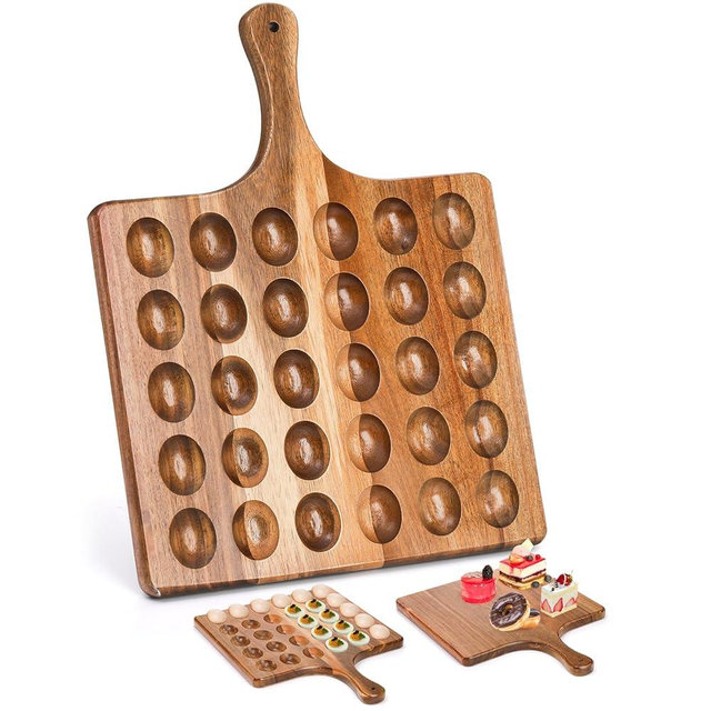 Okllen 30 Holes Reversible Wooden Deviled Egg Platter with Handle, Acacia Wood Deviled Egg Tray Charcuterie Board, Deviled Egg Holder, 17"x13"