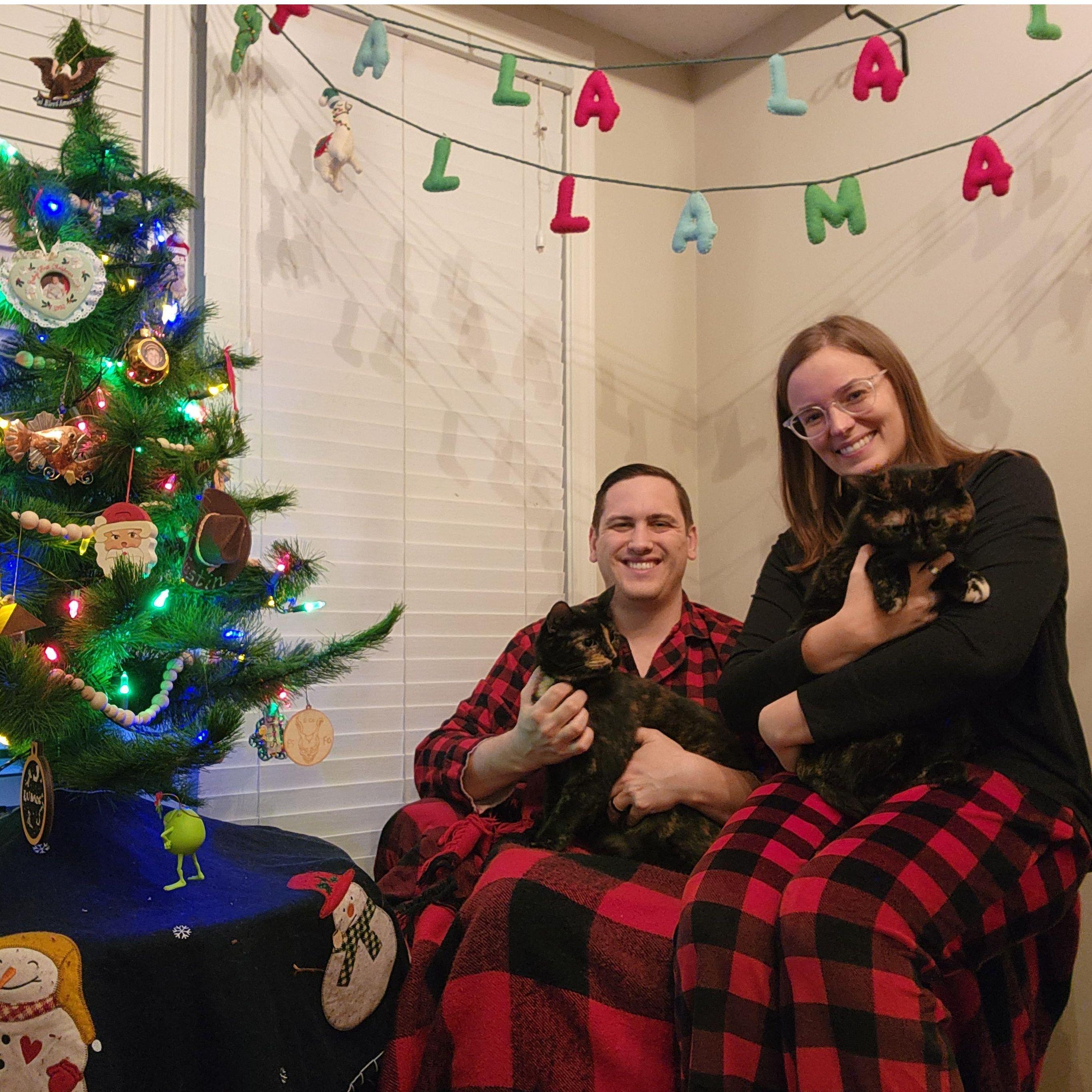 Christmas 2022 with our cats, Winky and Tonks.