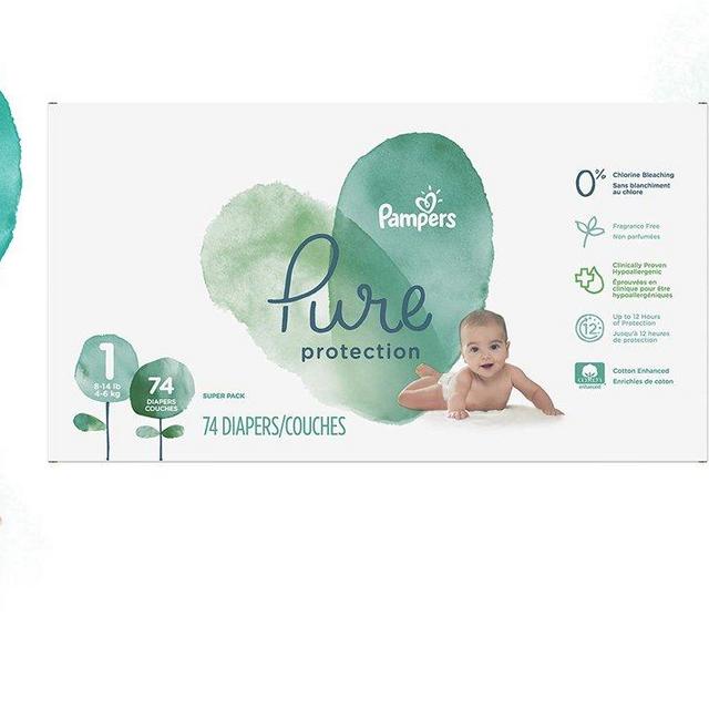 Pampers Pure Disposable Baby Diapers, Hypoallergenic and Fragrance Free Protection, Size 1 (8-14 lb), 74 Count, Super