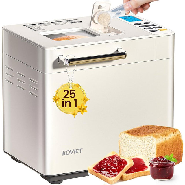 KOVIET 25-in-1 Bread Maker Machine with Automatic Dual Dispenser, 2LB Stainless Steel Breadmaker with Gluten-Free, Dough, Jam, Yogurt etc Settings, Beige