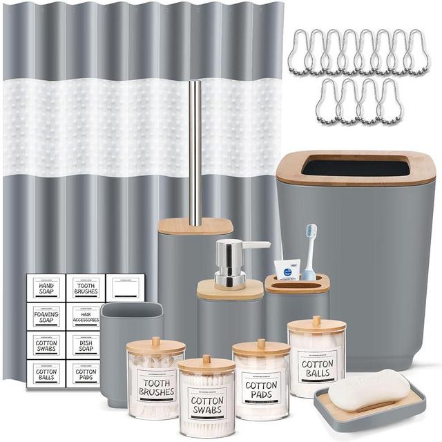 IMAVO Grey Bathroom Set,23 Pcs Bathroom Accessories Set with Shower Curtain,Trash Can,Soap Dispenser,Soap Dish, Toothbrush Holder,Toothbrush Cup,Toilet Brush Holder and 4 Qtip Holders
