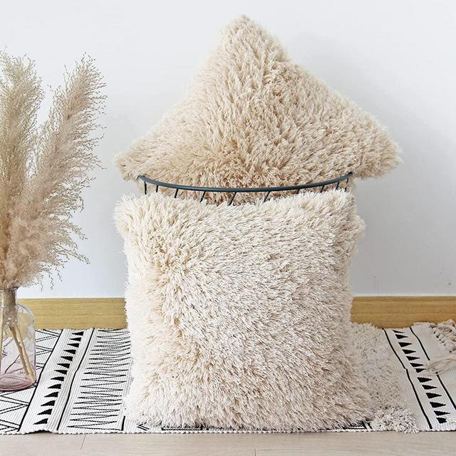 JOJUSIS Fluffy Decorative Throw Pillows Covers 18x18 Inch Luxury Soft Faux Fur Fleece Cushion Cover Pillowcase Pack of 2 Beige