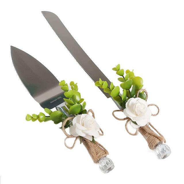 Joy Ceremony Wedding Cake Knife and Server Set - Rustic Cake Cutting and Serving Set - Bridal Cutter Set with Eucalyptus Leaves, White Roses - Twine-Wrapped Utensils for Birthday Party, Festive Events