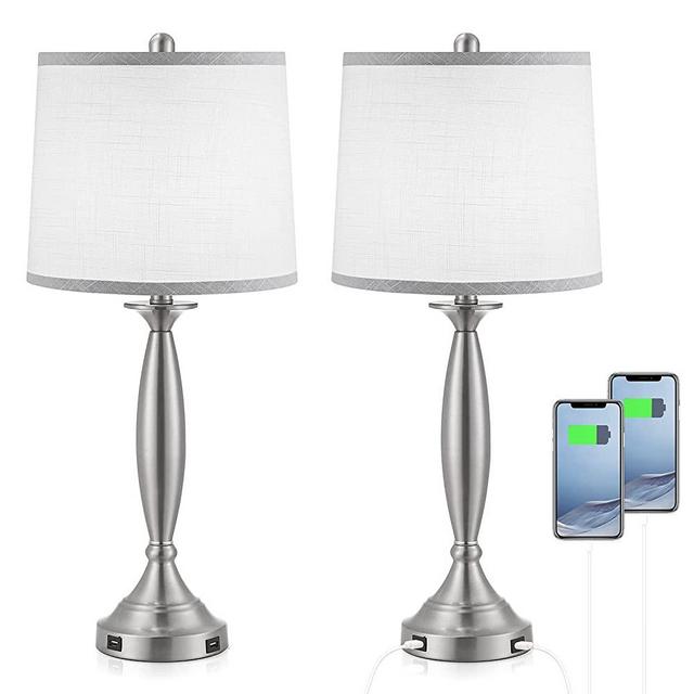 Modern USB Table Lamp Set of 2 - Seealle 27.9" Table Lamps for Living Room Table Top with USB Ports Matte Nickel Body Bedside Lamp Set of 2 with White Lampshade for Bedrooms Coffee Table End Table