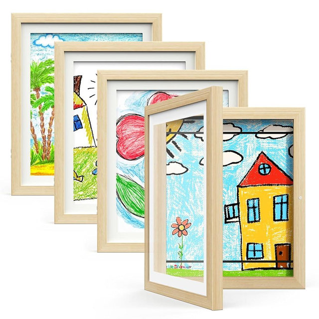 Hsypti Kids Art Frames, Kids Artwork Frames Changeable 8.5 x11 with Mat and 10 x12.5 Without Mat, Front Opening Holds 100 Drawings for Drawings, Artworks, Children Art Projects 4 Pack Woodgrain