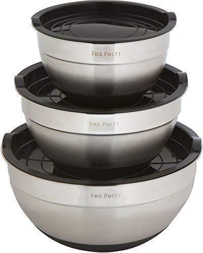 Premium Stainless Steel Mixing Bowls with Lids by Fox Point.1.5 Qt., 3 Qt., 5 Qt. Mixing Bowl Set is Stackable with Non-Slip Silicon Bottom. 3 Mixing Bowl Set
