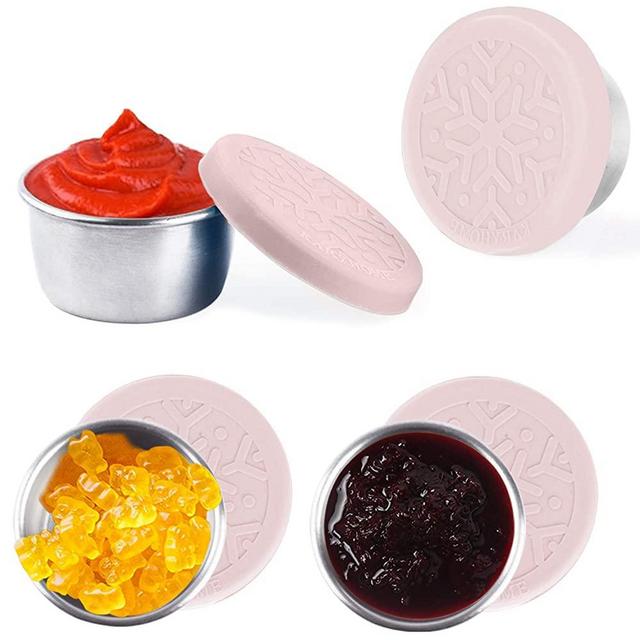 Salad Dressing Containers Set, KARYHOME Small Condiment Containers with Silicone Lids, Leakproof & Reusable for Condiments, Snacks, Dipping Sauce, Stainless Steel, 4x1.6oz, Pink