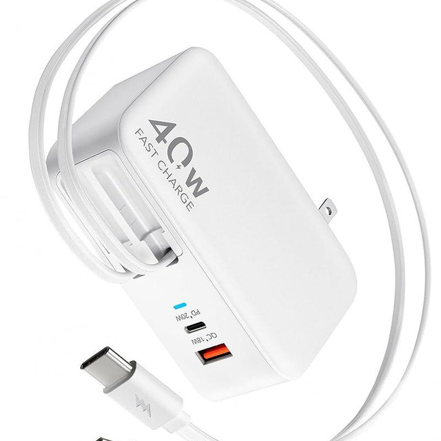 Retractable USB C Charger Wall Plug with Dual 35.5in/90cm Type C Cables Cords,40W Fast Charging Foldable Block Multi Charger for All Devices for iPhone 17/16/15/14/13/12,iPad,Galaxy,Pixel