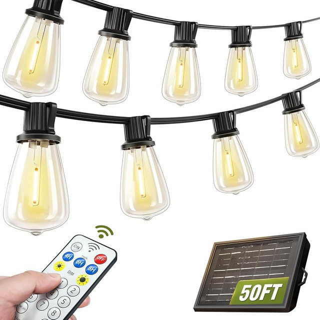 Skoiuc Solar String Lights Outdoor Waterproof Lights with Remote & Timer, LED Shatterproof ST38 Bulbs, USB & Solar Powered Patio Lights for Backyard, Porch, Garden, Wedding, Christmas Decor (50FT)