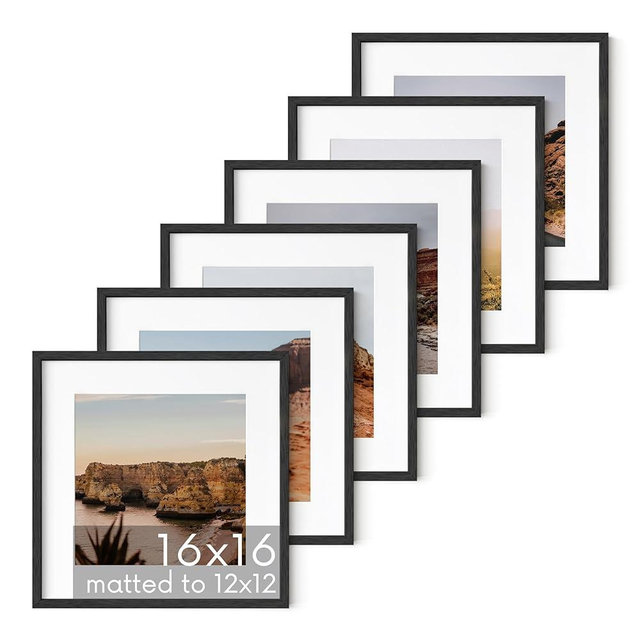 HAUS AND HUES Solid Oak Wood 16”x16” Picture Frames Matted to 12”x12” Set of 6-16x16 Square Picture Frames, Black Frames for Gallery Wall 16 x 16 Picture Frames, Black Square Frame Set