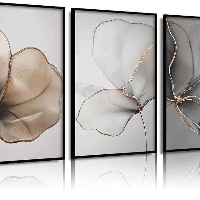 Abstract Floral Wall Art: Minimalist Gold Line Petal Poster Wall Decor, Modern Neutral Botanical Picture Canvas Print Artwork for Living Room, Bedroom, Entryway Home Decoration 12x16in Beige Gray Gold