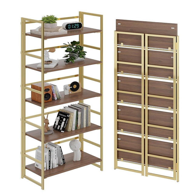 BHG Vintage Multifunctional Folding Bookshelf,5 Tier No-Assembly Plant Stand Storage Rack Shelves for Home Office (Brown&Gold, 5-Tier)