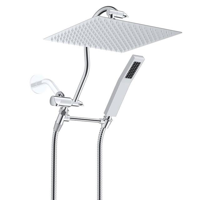 Hibbent All Metal Shower Head, 12'' High Pressure Rainfall Shower Head, Showerhead Combo/Handheld Shower Wand, 12'' Adjustable Curved Shower Extension Arm, 71'' Hose, 2 Shower Head Holders, Chrome