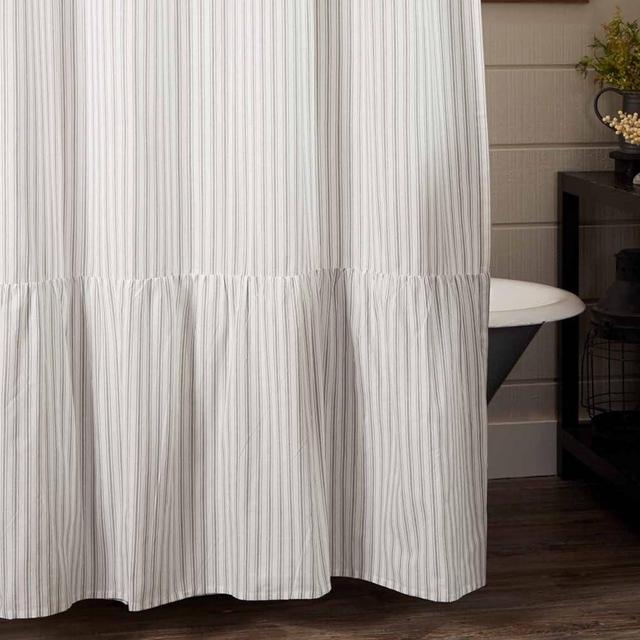 Piper Classics Timeless Ticking Ruffled Shower Curtain, 72" L x 72" W, Soft White and Gray Ticking Stripes, Vintage Farmhouse Chic Bath Accent