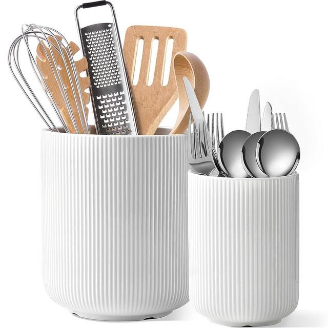 Mfacoy Kitchen Utensil Holder Set of 2, 7.3" & 5.4" Ceramic Cooking Utensil Holder for Countertop, Large Utensils Crock for Kitchen Counter, Utensil Storage Organizer for Spatula, Kitchen Decor