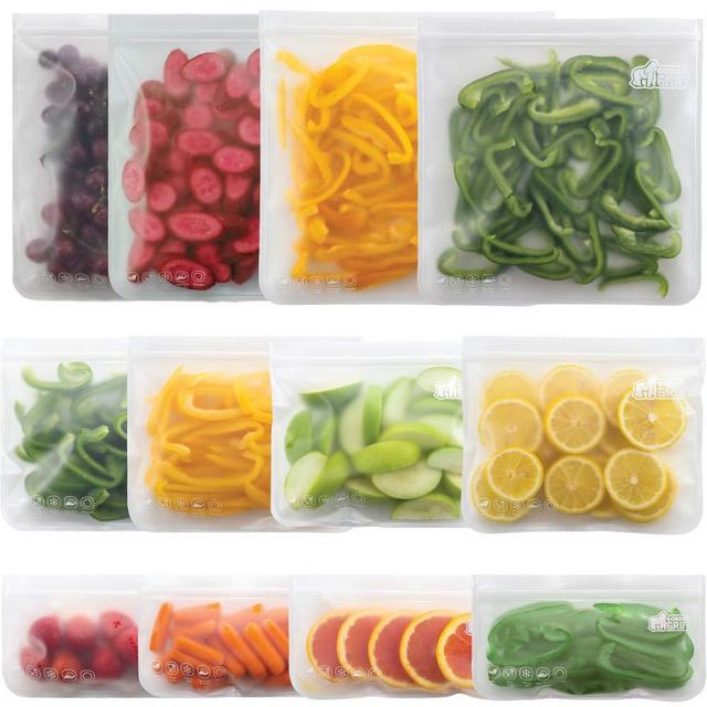 Gorilla Grip Original Premium Reusable Food Storage Bags, 12 Pack, Leakproof Secure Zip Freezer Safe, PEVA Storage Baggies, Includes 4x Each: Snack, Sandwich, Gallon Size Bag, Clear Color Set