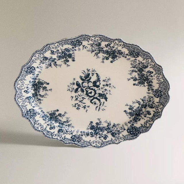 FLORAL EARTHENWARE SERVING DISH - BLUE