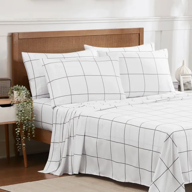 6 Piece Printed Sheet Set, Deluxe Ultra Soft 1500 Series, Double Brushed Microfiber -Window Pane White, Queen