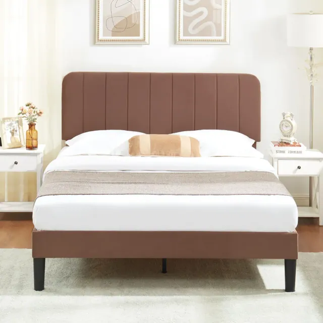 VECELO Upholstered Bed Frame with Adjustable Velveboard, Wooden Slats Support, Bed Frame Coffee Full Bed
