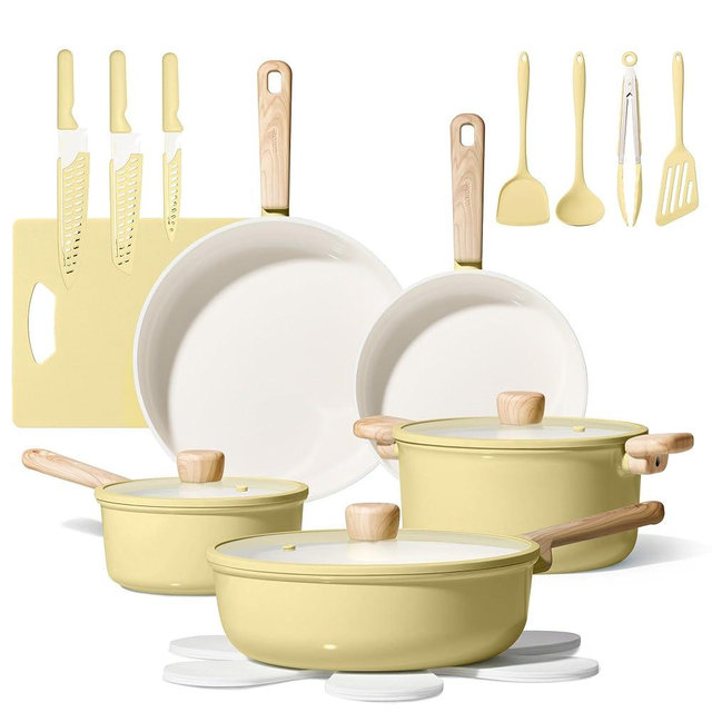 CAROTE 24pcs Ceramic Cookware Set, Pots and Pans Non Stick Kitchen Cookware Sets, Pots and Pans Set Cooking Set with Knife Set
