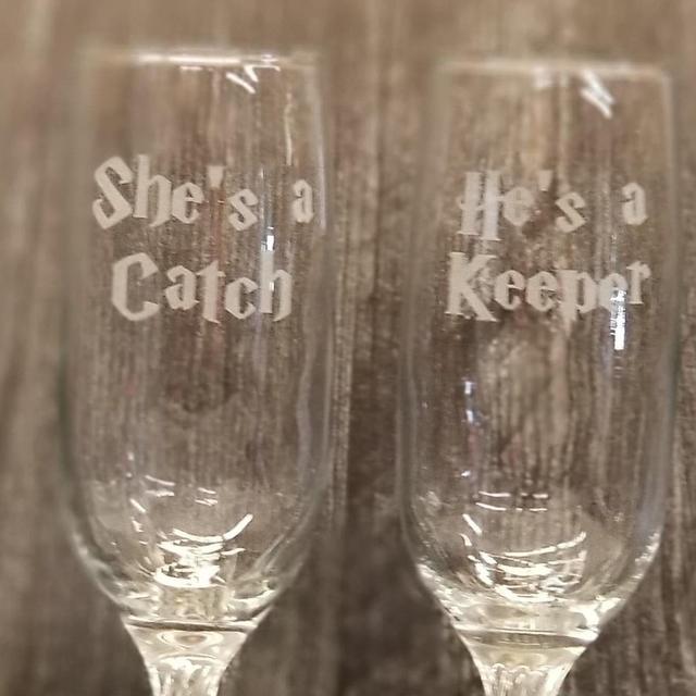 He's a Keeper / She's a Catch Wizard Witch Warlock Wizarding Pottermania Potterhead Geek Nerd Wedding Toasting Flutes Glasses Set of 2