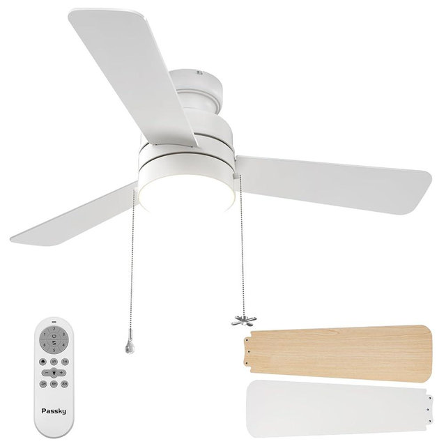 Passky Ceiling Fans with Lights, 42 inch Low Profile Ceiling Fan with Pull Chain and Remote Control, Flush Mount, Reversible, 5CCT, Dimmable, Noiseless, White Pull Cord Ceiling Fan for Bedroom