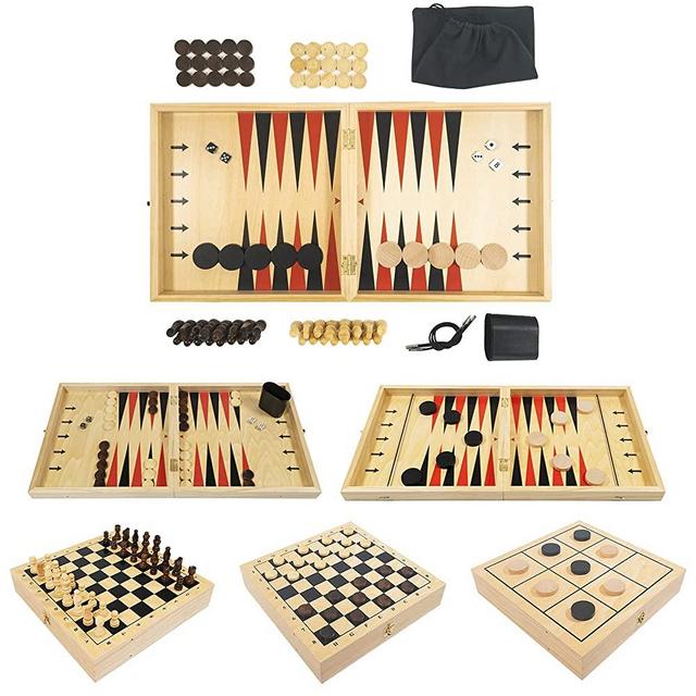 Stemic 5-in-1 Board Games For Adults and Family - Backgammon Set, Chess Board, Checkers, Tic Tac Toe, Sling Puck Game with 10 Pucks, 32 Chess Pieces, 30 Checkers Pieces - Premium Wood, Large, Foldable