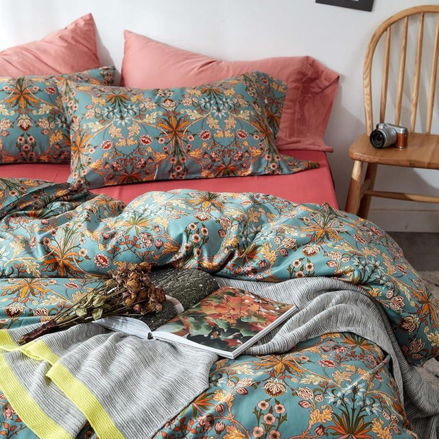 VM VOUGEMARKET Green Flower Duvet Cover Set Twin,Aesthetic Boho Bedding Set Percale Cotton Royal Floral Comforter Cover with Zipper Closure