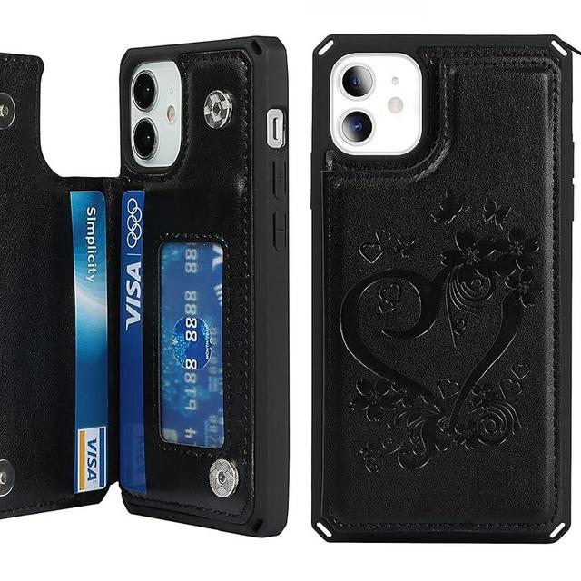 iCoverCase Compatible with iPhone 12 Mini Wallet Phone Case with Card Holder for Women, RFID Blocking Embossed PU Leather Wrist Strap Case 5.4 Inch (Heart Black)