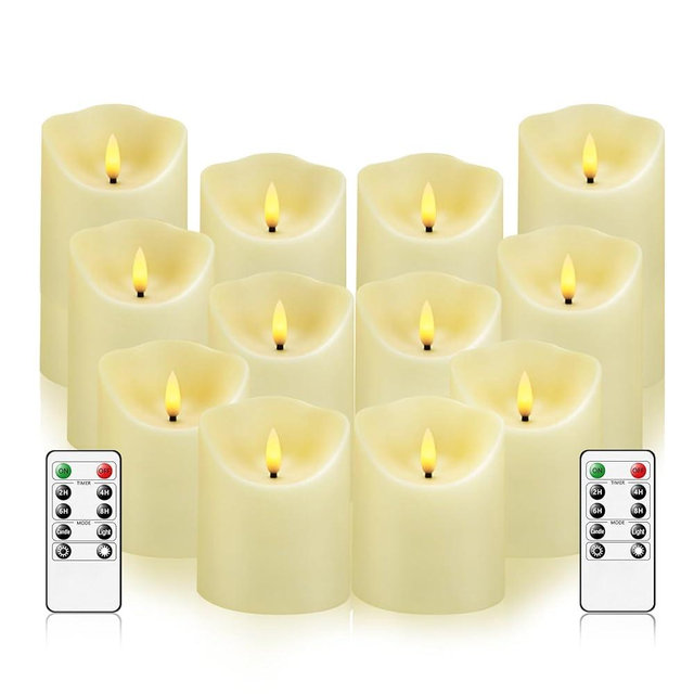 kakoya Flameless LED Candles Battery Operated with Remote and Timer,Flickering Electric Fake Plastic Pillar Candles Set of 12(D3 x H 3" 4" 5") Ivory