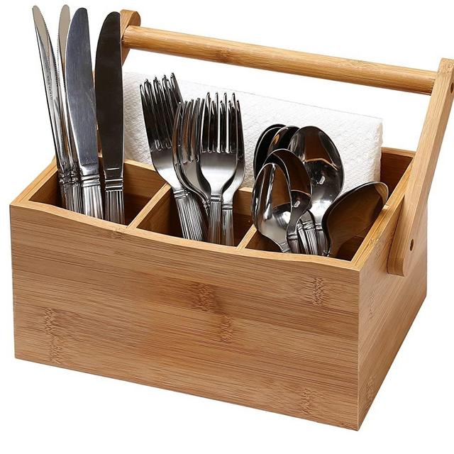 YBM Home Bamboo Flatware Utensil Caddy with Napkin Holder and Handle, Wood Picnic Basket for Kitchen and Camping Trip, 336