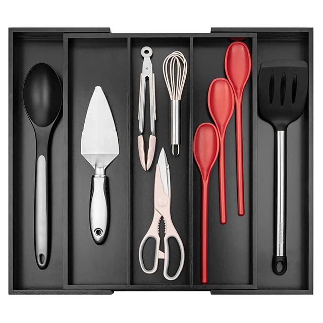 RMR Home Bamboo Silverware Organizer - Expandable Kitchen Drawer Organizer and Utensil Organizer, Perfect Size Cutlery Tray with Drawer Dividers for Kitchen Utensils and Flatware (3-5 Slots) (Black)