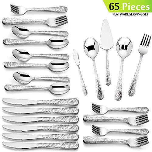 Hammered Silverware Serving Set, HaWare 65-Piece Stainless Steel Flatware Cutlery for 12, Elegant & Classic Design Tableware Set for Home/Hotel/Restaurant, Dishwasher Safe