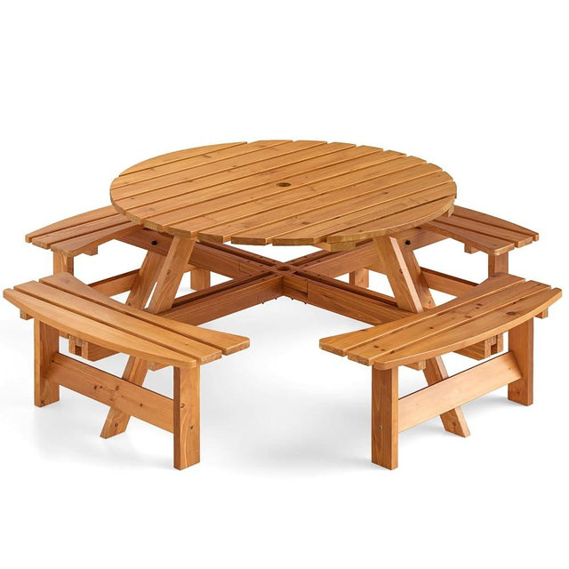 Tangkula 8-Person Wood Picnic Table, Outdoor Round Table and Bench Set with 4 Built-in Benches, Umbrella Hole, Perfect for Outside, Patio, Garden, Backyard, Porch