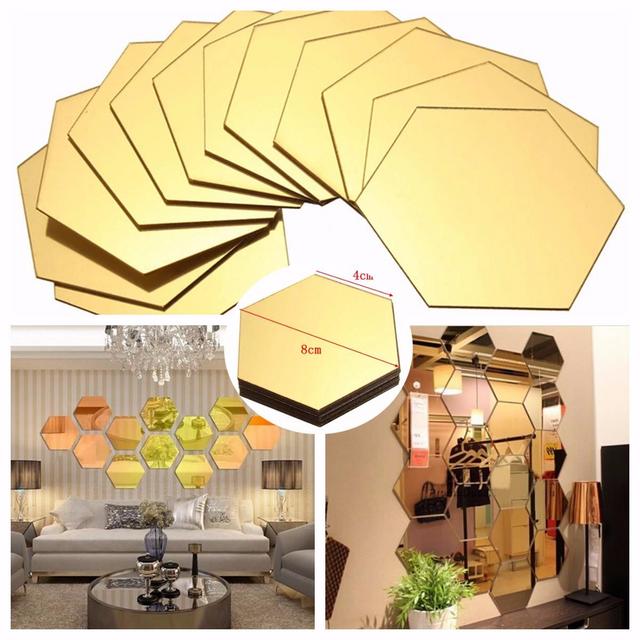 12Pcs DIY Wall Sticker Hexagonal 3D Mirror Self Adhesive Mirror Tiles for Home Decor Gold Silver