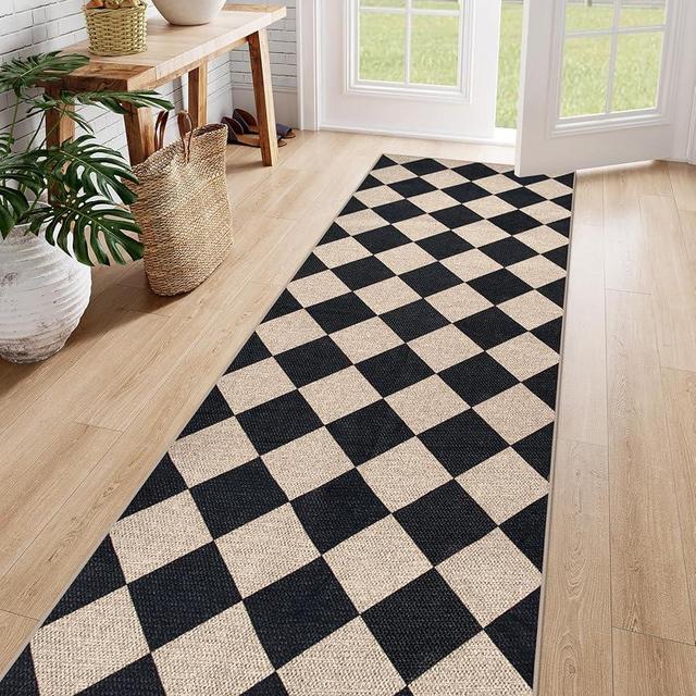Lahome Checkered Easy Jute Runner Rug, 2x8 Hallway Kitchen Runner Rug Non Slip Washable Outdoor Carpet for Entryway Indoor, Checkerboard Black Indoor Outdoor Carpet for Hallway 8ft Entry