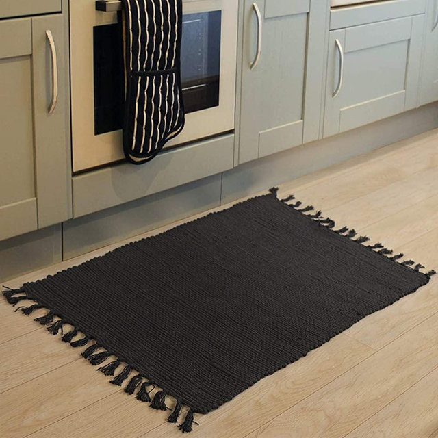 Chindi Rag Rug, Seavish Hand Woven Recycled Cotton Area Rug Braid Entryway Floor Mat for Laundry Room Kitchen Bathroom Bedroom Dorm Solid Black, 2'W x 3'L