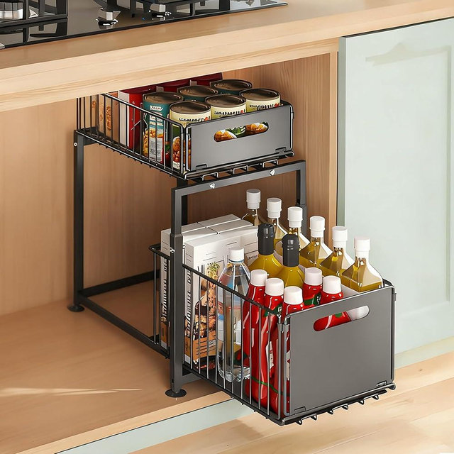 Under Sink Cabinet Organizer,2 Tier Slide Out Storage Organizer, Height Adjustable Pull Out for Kitchen Cabinet, Desktop Storage, Black 1 Pack