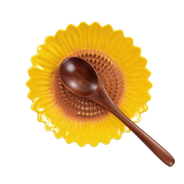 Sunflower-Shaped Ceramic Grater Plate & Spoon Rest for Stove Top, 2-in-1 Ginger Garlic Grater with Spoon Holder, Multifunctional Kitchen Utensil Rest & Grater Dish, Farmhouse Kitchen Decor