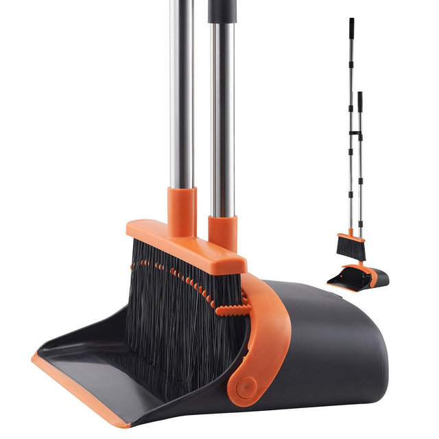 VEVOR Broom and Dustpan Set, Heavy Duty Dustpan and Broom Combo with Self-Cleaning Teeth, Metal Upright Standing Dust Pan with Long Handle, Black