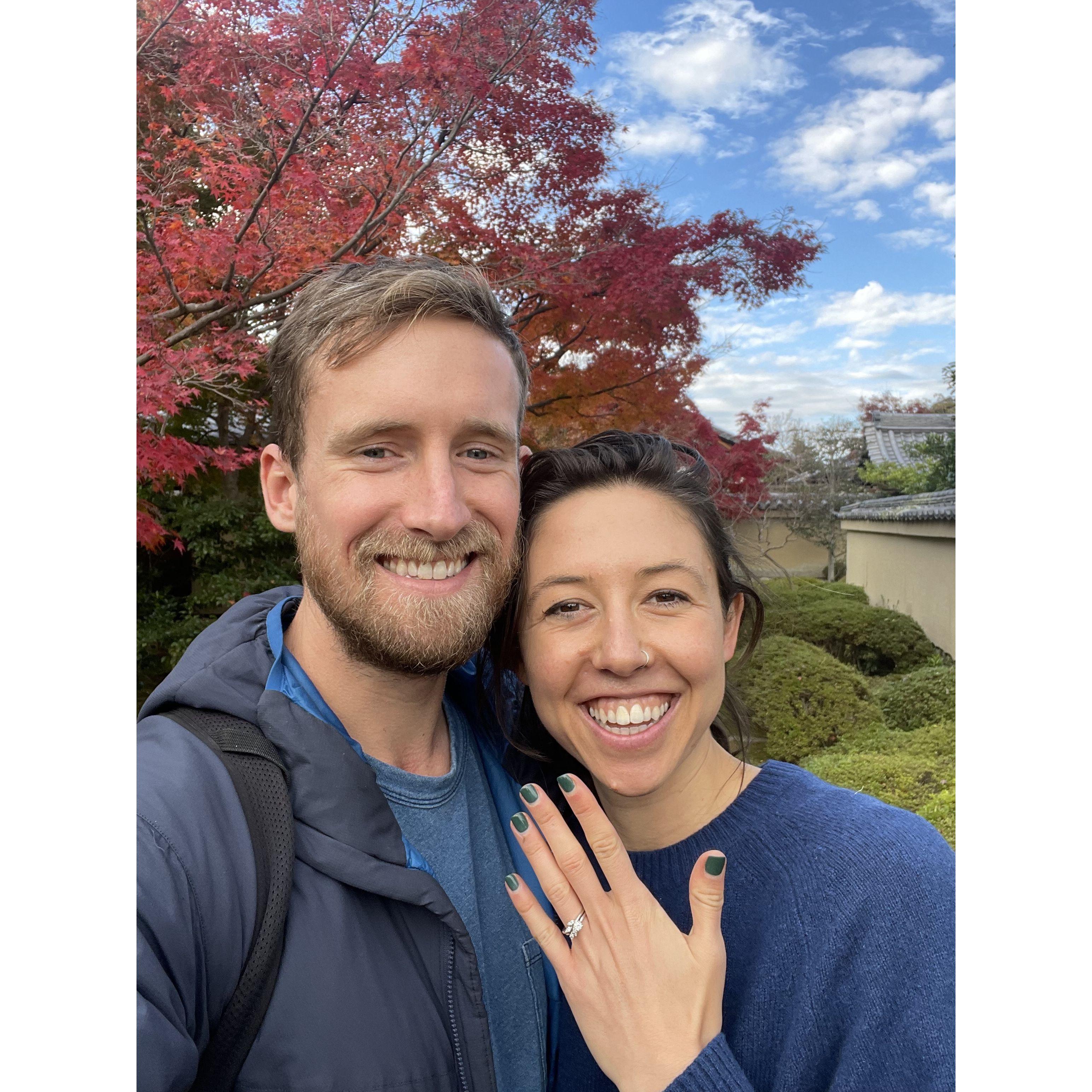 The proposal!! Alex carried around the family ring for months and surprised me after 12 years (impressive) in the most beautiful garden after a perfect day of biking and exploring Kyoto!