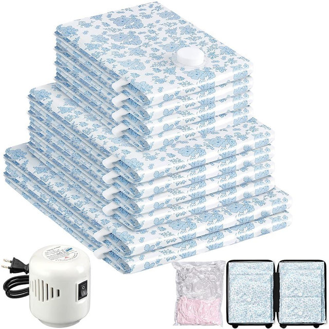 10 Pack Travel Vacuum Storage Bags with Electric Pump, 2 Large + 4 Medium + 4 Small Vacuum Sealer Bags, 80% Space Saver Bags for Luggage, Comforters and Blankets, Travel Essentials(Blue Flowers)